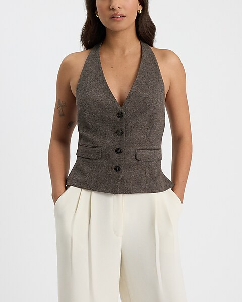 Mini Houndstooth Halter Button Front Blazer Vest | Express