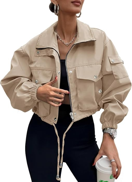 Womens Lightweight Cropped Bomber Jacket With Pockets | Amazon (US)