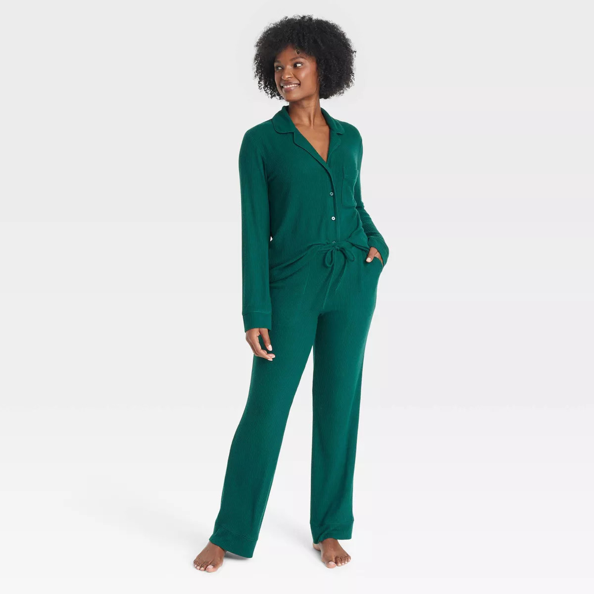 Women's Cozy Ribbed Long Sleeve Notch Collar Shirt and Pants Pajama Set - Auden™ Green L | Target