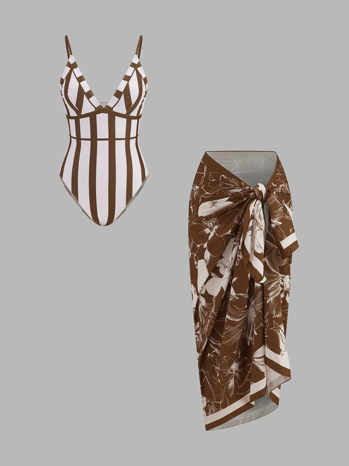 Striped One-Piece Swimsuit & Sarong Set | Commense