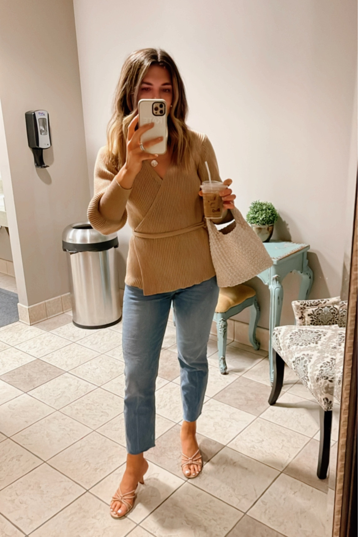 Sunday church outfit. Wrap sweater, jeans, woven tote, strappy sandals. Amazon fashion. Weekend style. Elevated casual. 

#churchoutfit #weekendoutfit 

#LTKstyletip #LTKunder50