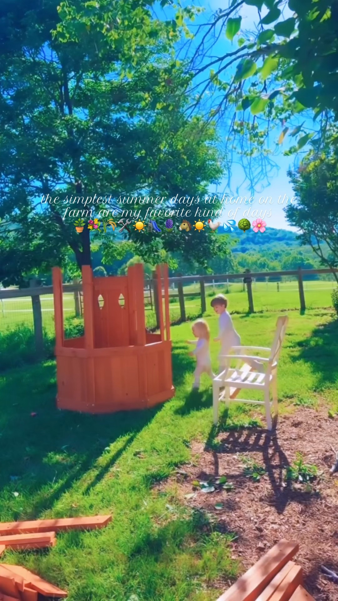 We’ve always believed in #90sSummers around here lol - before the trend!!! 🤭💦🌳😍🪴☀️🪻 #alwaysoutside #sweetandsimple #dayslikethis #daysonthefarm 

“Dada” got started on our new @backyarddiscovery  playhouse/swingset 🛝 last night (their *big* joint birthday present 🎁 that just came in 📦!!) and the boys lovedddd getting to wake up (in their jammies 🤭) to see the progress 🛠️ he had made!! 🤗 Judson picked the “perfect spot” 👌🏽 for it 🌳🌾 and I know these cuties are going to have the time of their lives out here in the years upon years to come!! 🫶🏽 And what a view!!! 😍🌄⛰️🌲 We can’t wait to see the whole thing built 🛠️ - go Dada go!! 😍 He said it’s “his project” 🧰 for the weekend!! 💪🏽 And what a beautiful morning coffee ☕️ view we are going to have out here with the babies 👶🏼 playing!!! 🤩 These truly are the days I always dreamed of!!! 💭 

Our morning walks are extra beautiful now that it’s summertime!! ☀️🌳🌾🐴🪻 Also… such a godwink that our land is **covered** in crepe myrtle trees 🌳 because this was always my favorite 🤩 tree in our house 🏡 growing up… my friends and I would always shake the flowers and pretend it was “snowing” ❄️- God is in the details y’all! 🤍

We’ve been out in the garden 🪴 and orchard 🌳 and playing with water 💦 all day and I just truly am so thankful for this sweet sweet land to raise our babies 👶🏼 on - thank you, Lord!!! ☀️ And look (!!) what all is growing in the garden y’all!!! 🪴 Our first blackberries 💜, cucumbers 🥒, banana peppers 🌶️, more blueberries 🫐, watermelon 🍉 vines, corn 🌽 stalks, sunflowers 🌻 (as Judson pointed out - even taller than him 📏!!!), zucchini 💚, bell peppers 🫑, tomatos 🍅, basil 🌿, and so much more!!! OH and (!!) our first first zinnia blooms 💐 have arrived… eek!!!! 🌸 Happy happy day and it’s officially  s u m m e r  now!! 🌞🌼