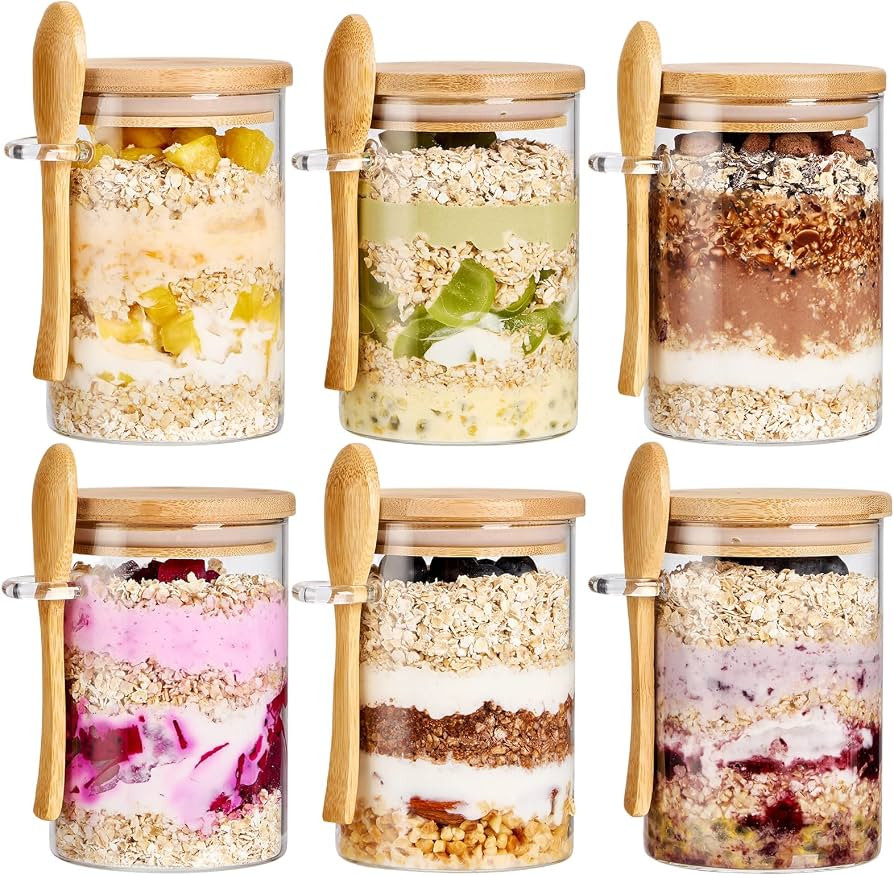 6 Pack Overnight Oats Containers with Bamboo Lids and Spoons - 22 oz Airtight Glass Jars with Lid... | Amazon (US)