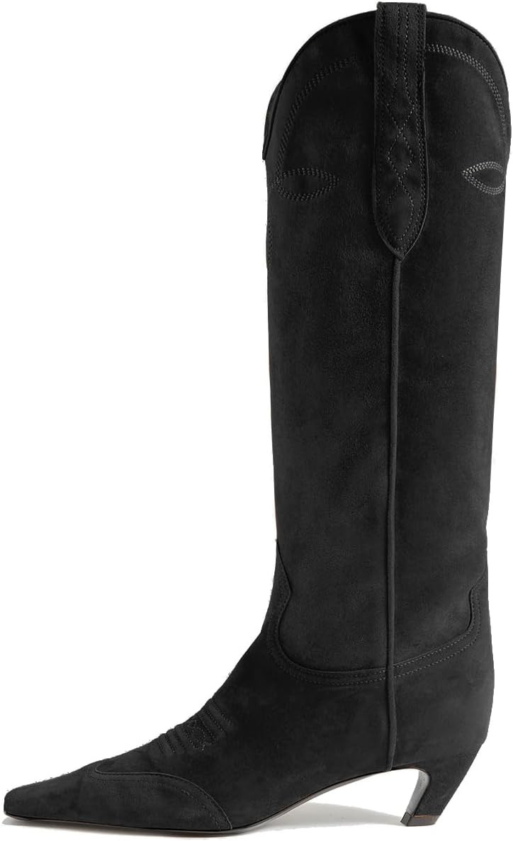 SHODENSE Women Embroidered Cowboy Boots Square Toe Knee High Kitten Heel Boots Suede Wide Calf Western Boots Pull On V Cut 2" Heels Cowgirl Boot Vintage Tall Dress Boots Fall Winter 4-11 M US | Amazon (US)