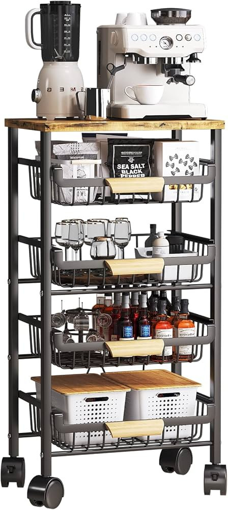Wisdom Star 5 Tier Fruit Basket for Kitchen, Vegetable Storage Cart with Wooden Tabletop, Vegetab... | Amazon (US)