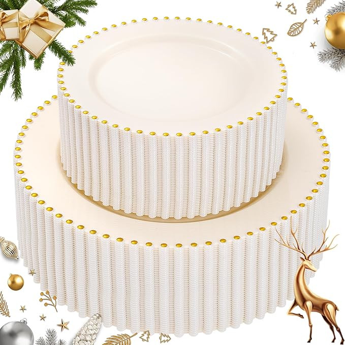supernal 100pcs Ivory Plastic Plates with Gold Beads - Heavy Duty Elegant Disposable Plates Set I... | Amazon (US)