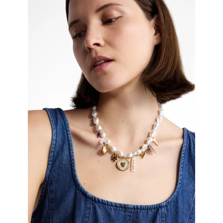 Free Assembly Women's Faux Pearl Charm Necklace, 16" + 3" Extender | Walmart (US)