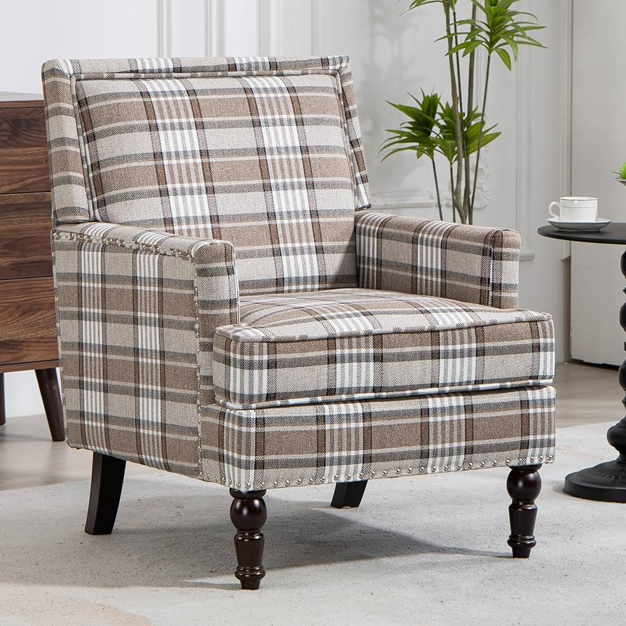 Yogald Vintage Plaid Accent Armchair, Comfy Upholstered Reading Chair with Nail-Head Trim, Farmho... | Amazon (US)