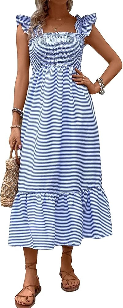 MakeMeChic Women's Summer Boho Dress Casual Floral Print Spaghetti Strap Square Neck Long Maxi Dr... | Amazon (US)