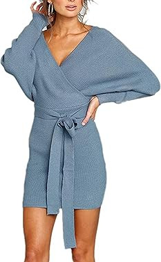 Mansy Women's Sexy Cocktail Batwing Long Sleeve Backless Mock Wrap Knit Sweater Mini Dress Burgun... | Amazon (US)