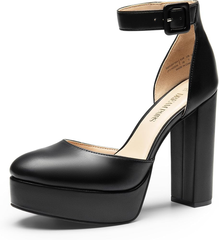 DREAM PAIRS Women's Platform High Chunky Heels Closed Toe Block Ankle Strap Dress Buckle Round To... | Amazon (US)