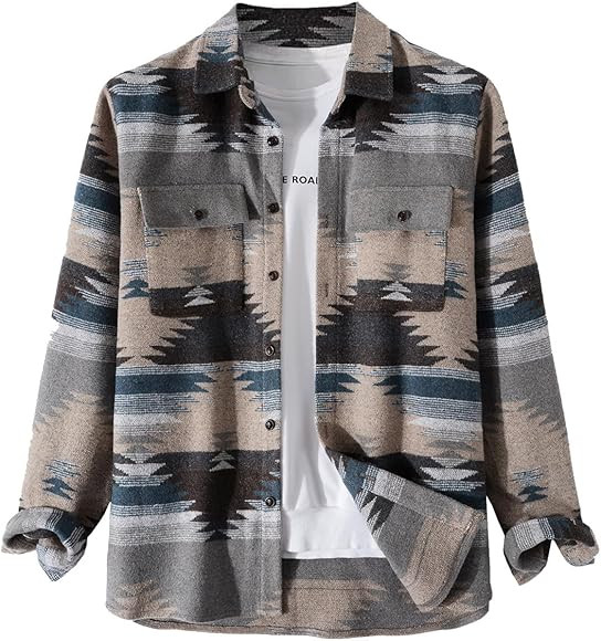 VIEWON Men's Casual Print Button Down Woolen Long Sleeve Lightweight Lapel Western Shacket Jacket... | Amazon (US)