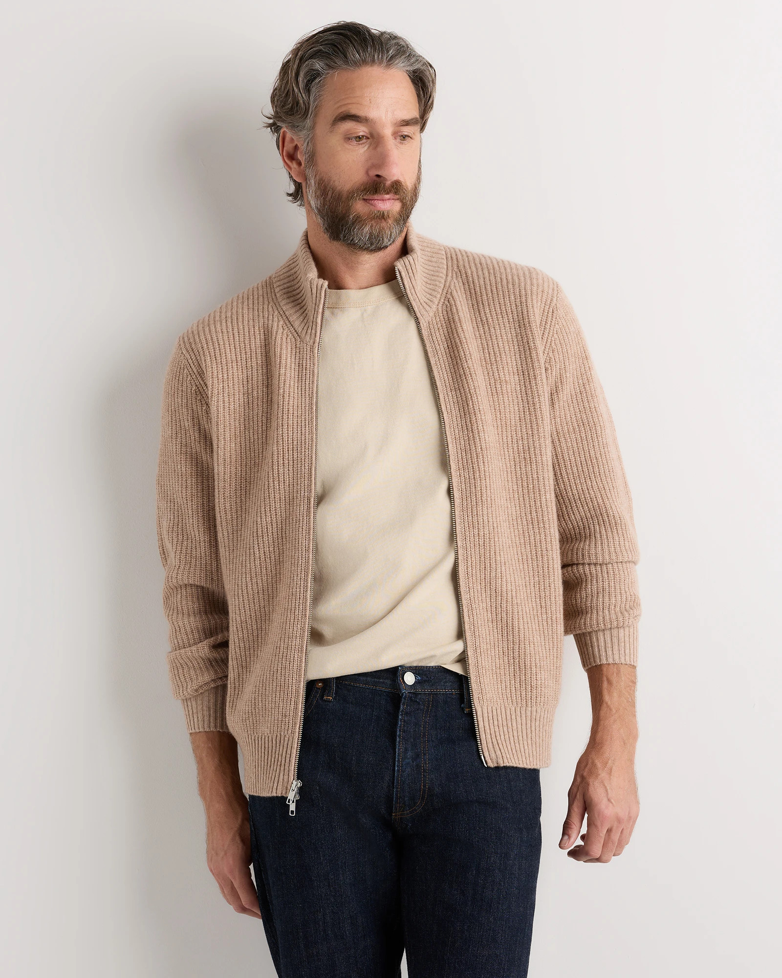 Quince | Men's Mongolian Cashmere Fisherman Full Zip Sweater in True Navy, Size Small | Quince