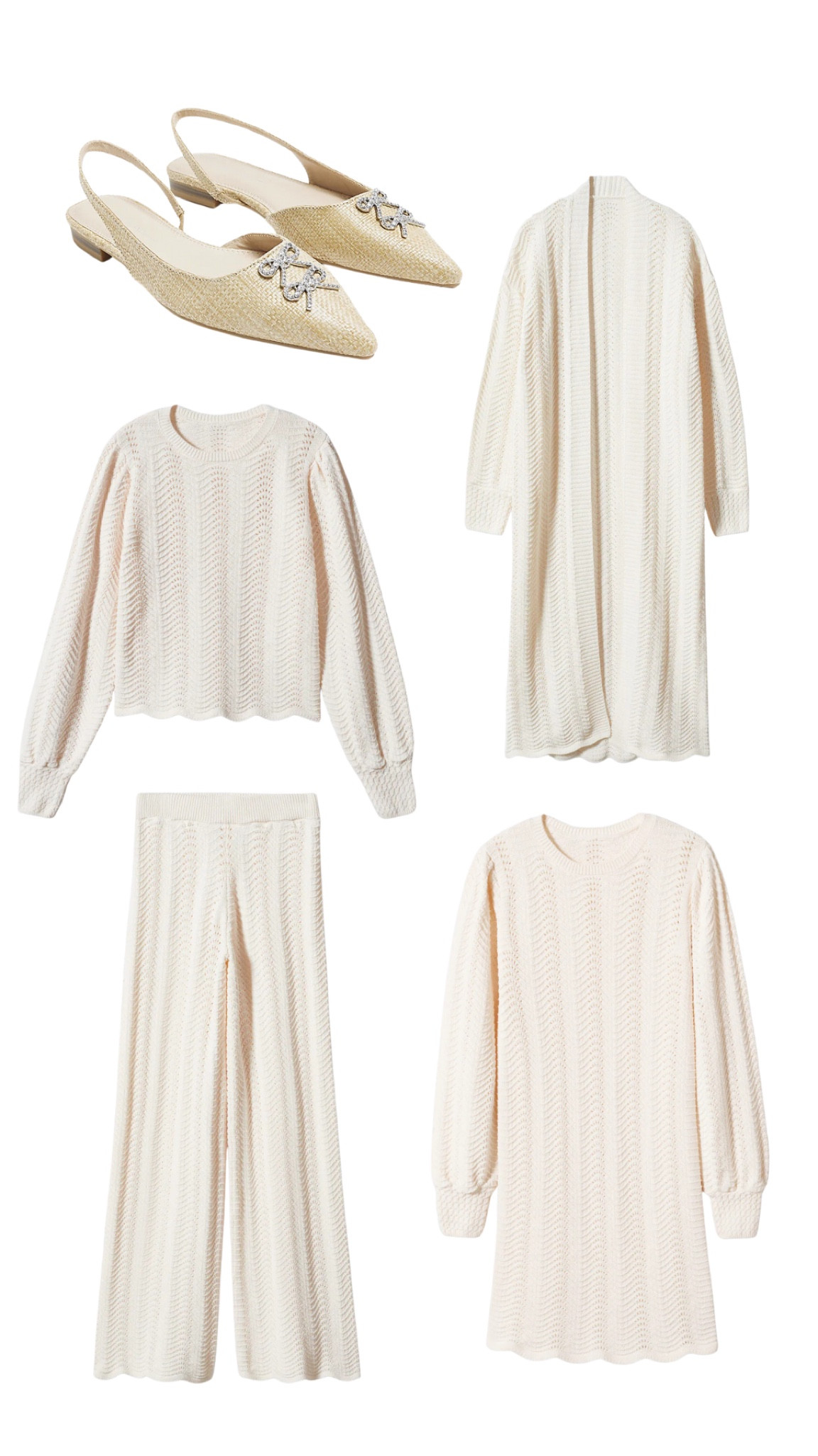 White scallop knit wear // lounge set // white cream lounge set // white knit dress // knit duster cardigan // mango 