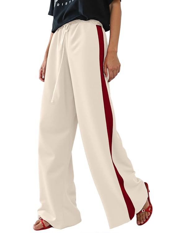 Women's Casual Pants Drawstring Leopard Print Color Block Side Striped Straight Leg Wide Leg Loos... | Amazon (US)