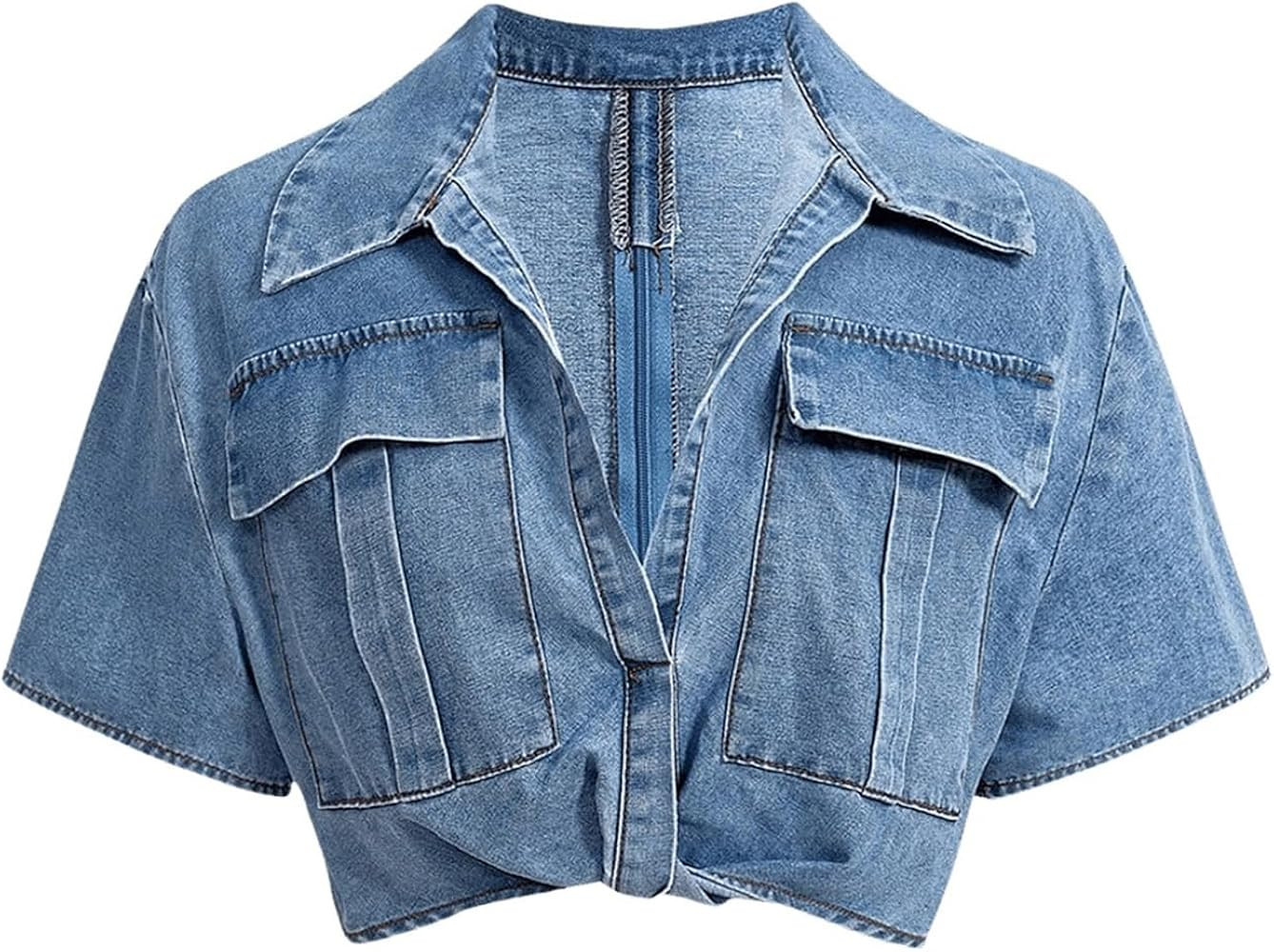 WDIRARA Women's Twist Hem zipper back Cropped Denim Top Short Sleeve Flap Pocket Collared Jean Ja... | Amazon (US)