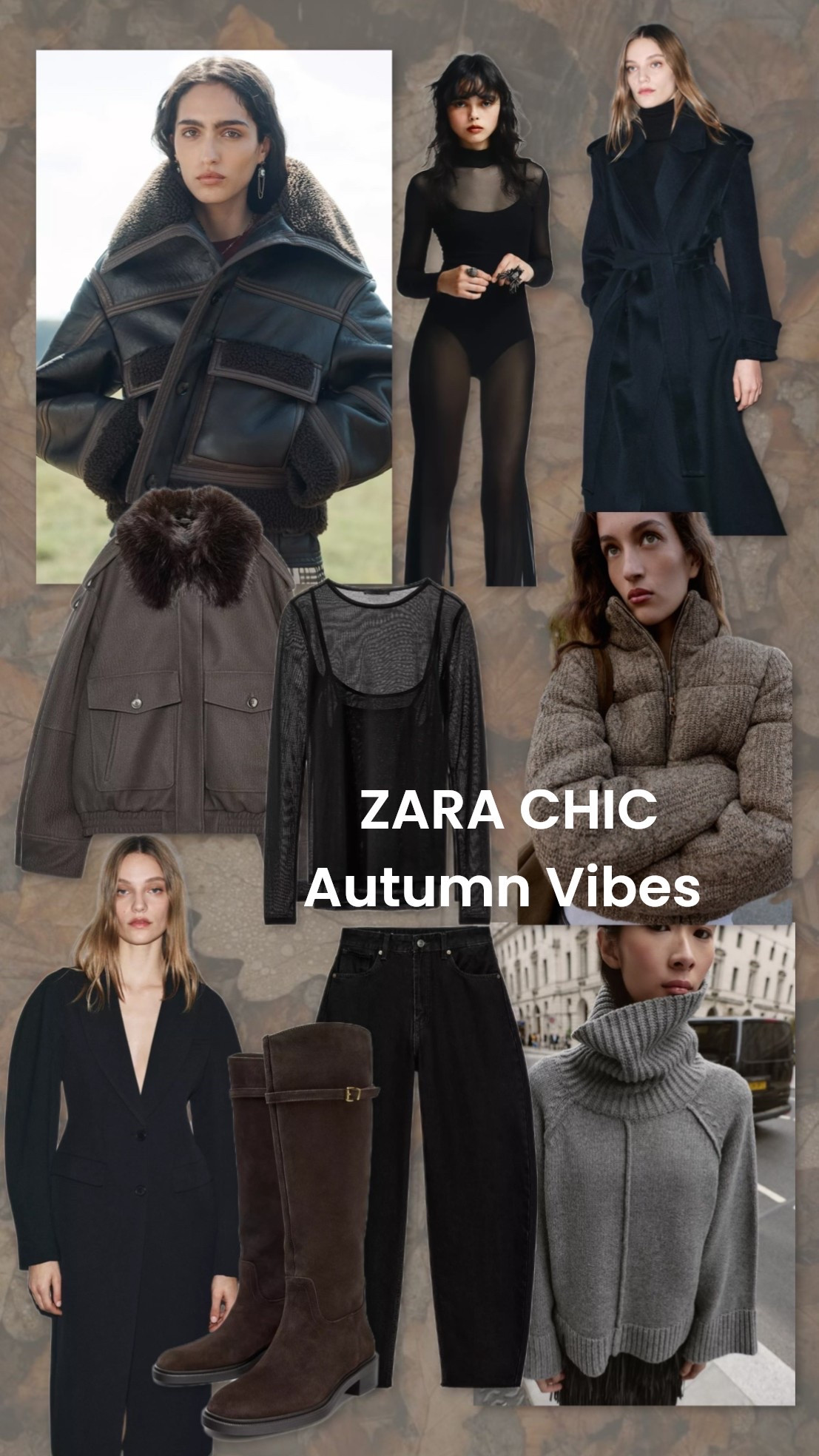 Chic autumn wardrobe essentials at Zara - from cable knit puffer coats to chocolate brown leather jackets, black barrel leg jeans, luxe brown suede riding boots, a bit of shearling, black tailored coats for smart workwear and date night outfits plus sexy sheer dresses and tops for party wear season ✨ #zara 

#LTKwinter #LTKautumn #LTKuk