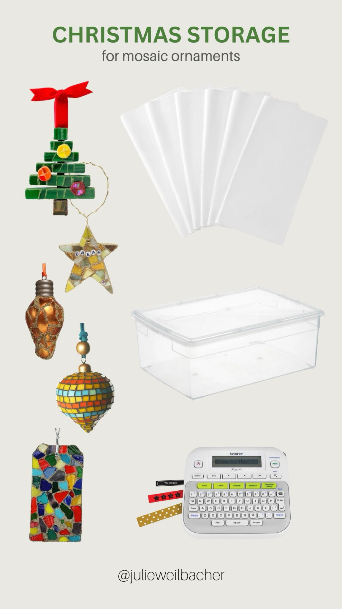 Sharing how I store mosaic ornaments. ✨ I like to keep them in their own storage container. ✨ This protects them from my other ornaments but also protects the non-mosaic ornaments from getting scratched up. ✨ For mosaic tips, tutorials, inspiration, and so much more please visit my YouTube channel: YouTube.com/julieweilbacher. Follow @julieweilbacher on Instagram for all things mosaic art. ornament storage - mosaic - Christmas ornament storage - decor storage - label maker - labeler - cute storage

#LTKSeasonal #LTKHoliday #LTKHome