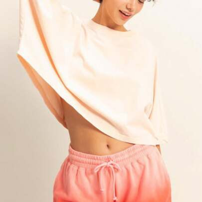 Womens Casual Basic Minimalist Chic Classic Crew Neck Tee Shirt Top Blush Pink Quarter Length Puff Sleeve Relaxed Fit Lightweight Breathable Spring Su | SHEIN