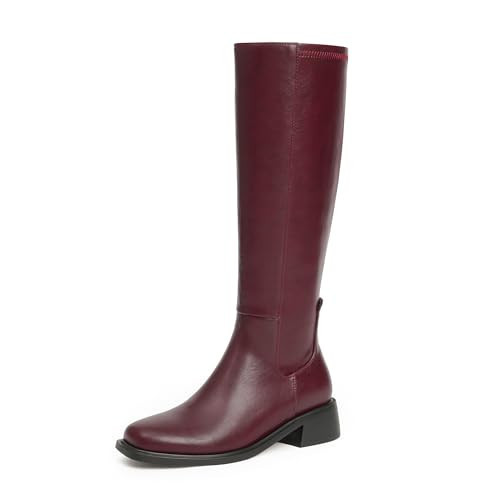 QIY Burgundy Boots for Women Knee High Burgundy Heeled Boot for Women Dress Low Block Chunky Heel Square Toe Leather Tall Long Flat Boots No Heel Size 6.5 | Amazon (US)