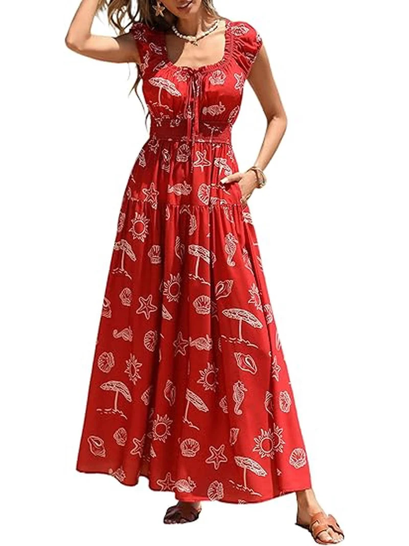 PRETTYGARDEN Women's Boho Maxi Dress Summer Cap Sleeve Long Flowy Beach Vacation Floral Sundresse... | Walmart (US)