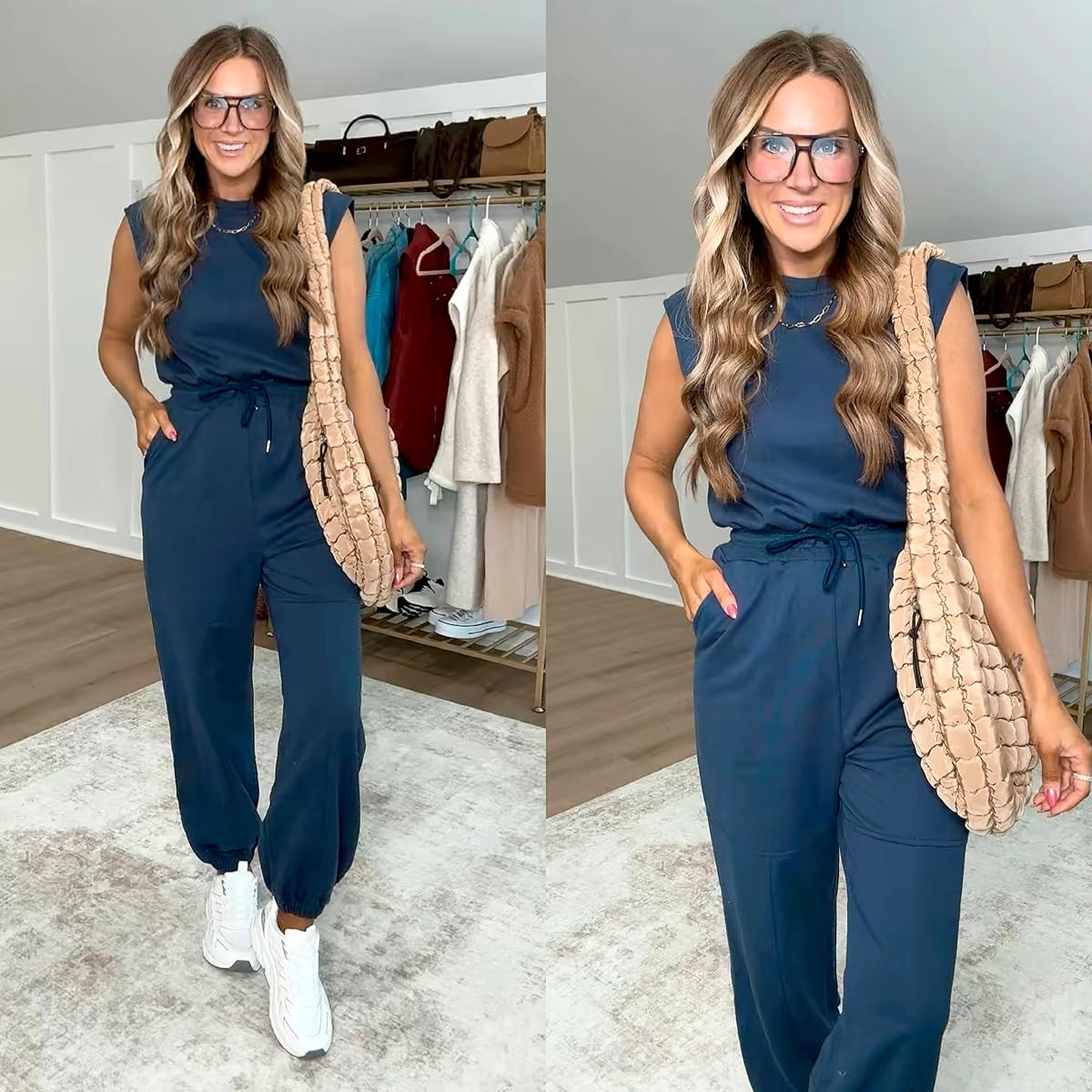 This navy jumpsuit is so comfy and versatile! Perfect for any occasion. Pair it with slip on sneakers! I'm 5’6 139lbs in a size small designer inspired navy one piece jumpsuit  

 #LTKootd #LTKSeasonal #LTKTravel