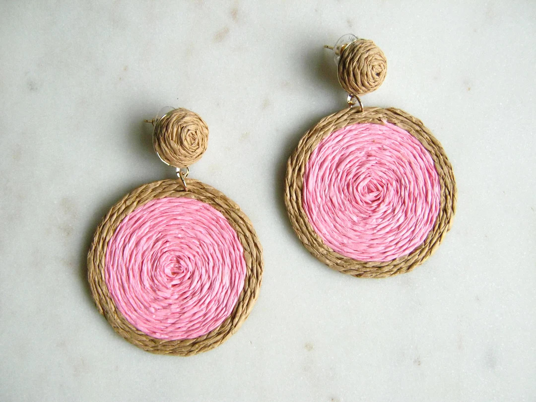 Raffia Circle Drop Earrings - Bright Pink - Large Statement Earrings, Boho Earrings, Party Earrin... | Etsy (US)