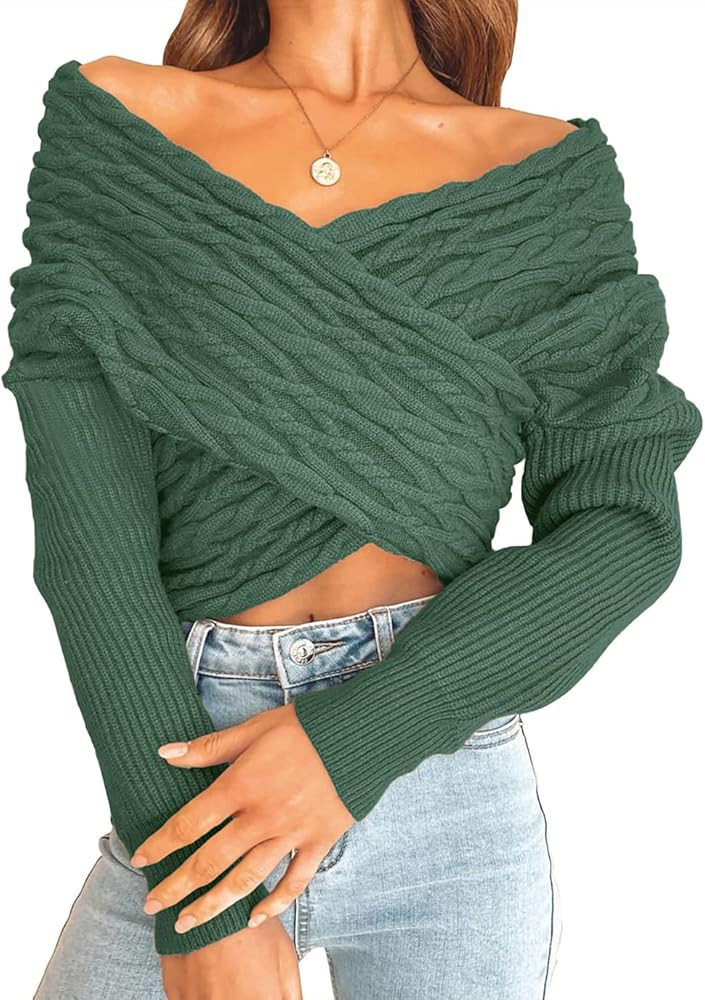 BTFBM Women Casual V Neck Long Sleeve Sweaters Cross Wrap Front Off Shoulder Asymmetric Hem Knitted  | Amazon (US)
