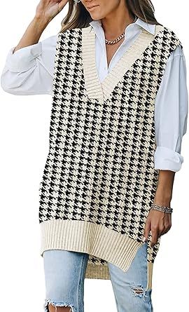 Viottiset Women's Oversized V Neck Knit Sweater Vest Tunic Sleeveless Pullover Top | Amazon (US)