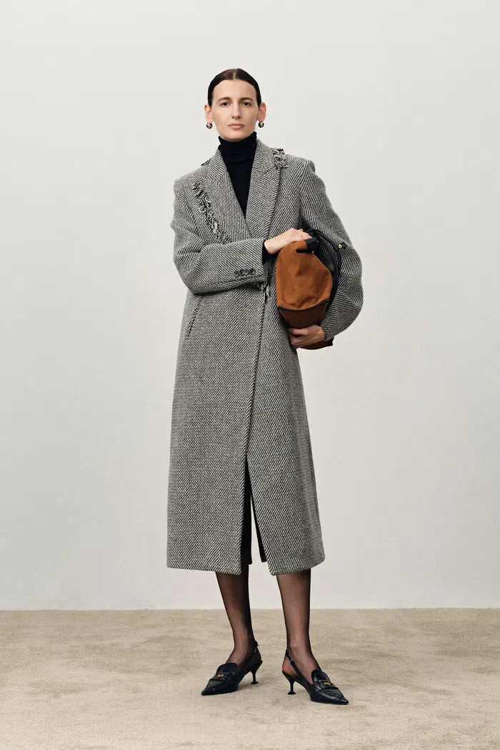 Sabine Asymmetric Fringed Wool Coat in Merino Heavy Tweed | Fabrique