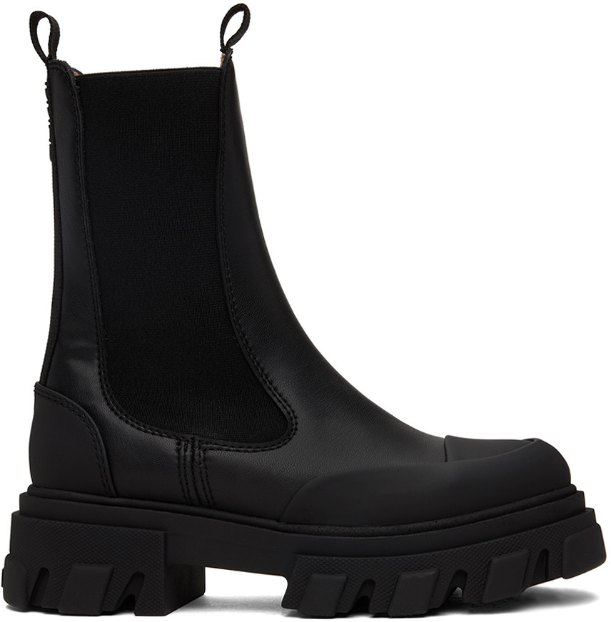 GANNI Black Stitch Cleated Mid Chelsea Boots | SSENSE