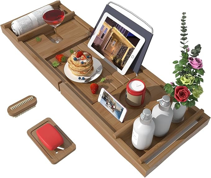 Bath Caddy Tray for Bathtub - Bamboo Adjustable Organizer Tray for Bathroom with Free Soap Dish S... | Amazon (US)