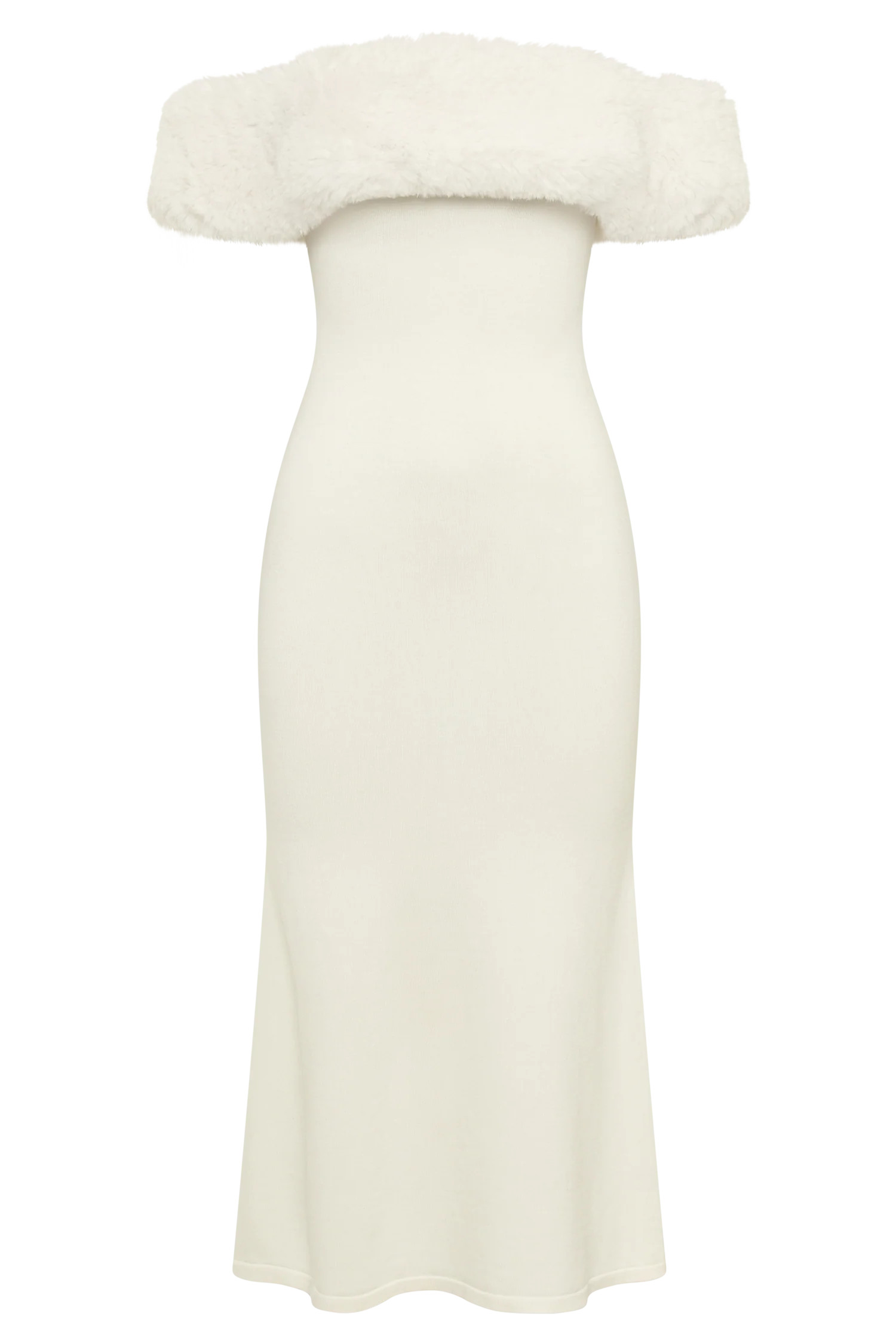 Angelica Off Shoulder Knit Midi Dress With Faux Fur - Ivory | MESHKI US