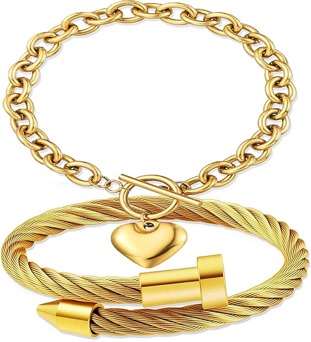 2PCS 18K Gold Plated Nail Bangle & Chain Bracelet Set for Women, Adjustable Stackable Bangle Jewe... | Amazon (US)