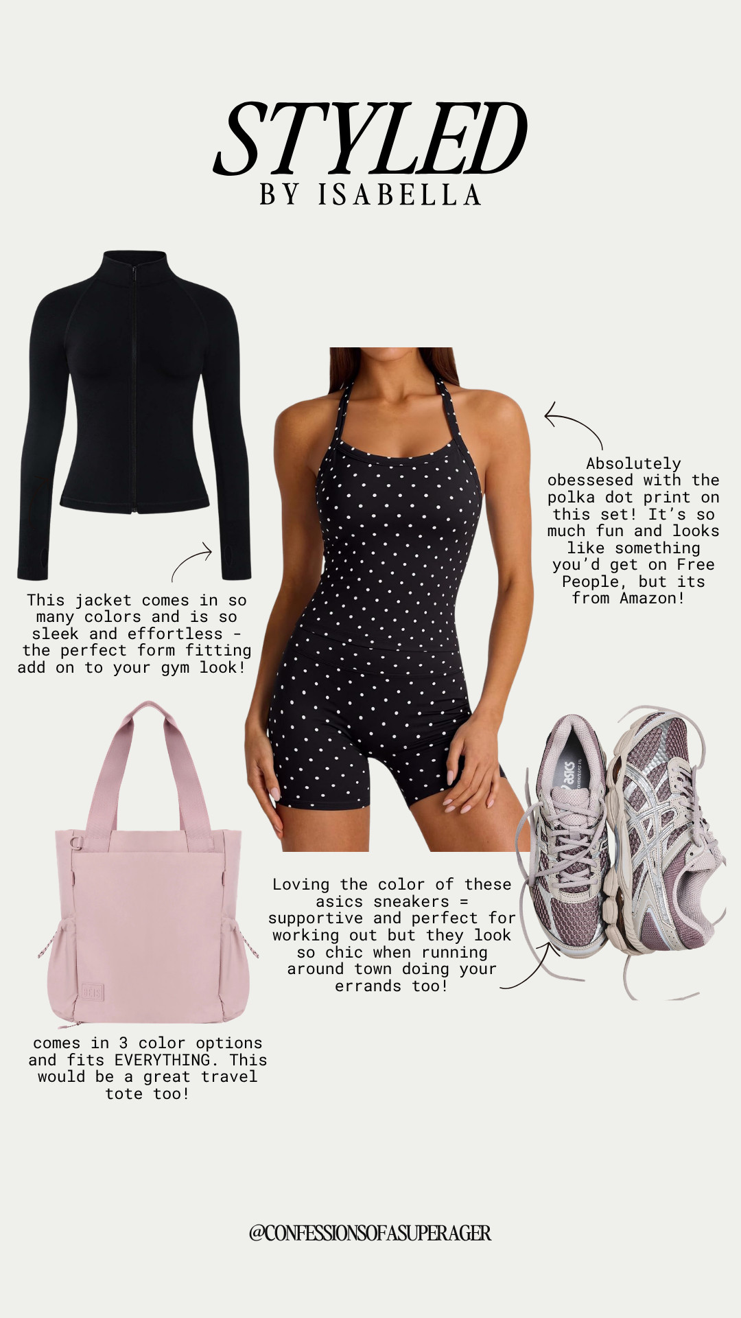 This Amazon activewear set is giving designer vibes without the designer price tag. 🖤 The chic polka dot print, sculpting fit, sleek zip-up jacket, supportive ASICS sneakers, and roomy travel tote make this the perfect outfit for workouts, Pilates, walking, errands, and travel days. Shop all my affordable activewear favorites linked on LTK @confessionsofasuperager! ✨ 

 #AmazonFashion #AmazonFinds #Activewear #WorkoutOutfit #PilatesStyle #GymStyle #Athleisure #WalkingOutfit #TravelStyle #ASICS #FitnessFashion #WellnessStyle #EverydayStyle #CasualChic #DesignerInspired #FashionOver40 #Over40Style #ActiveLifestyle #OOTD

#LTKActive #LTKootd #LTKfitnessgoals #LTKSaleAlert
