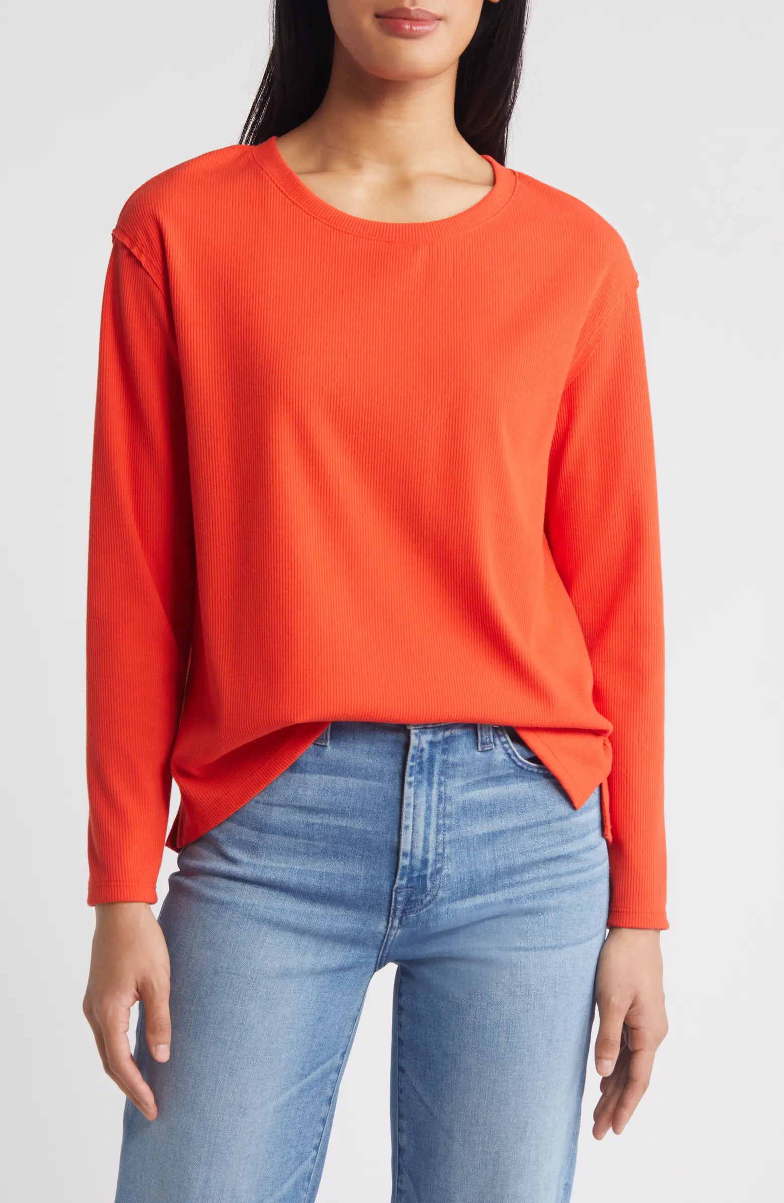Pleat Black Long Sleeve Rib Top | Nordstrom