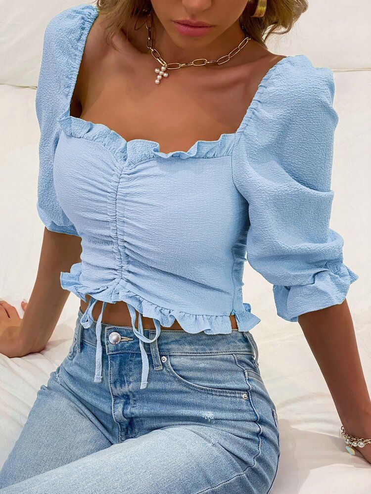 Square Neck Drawstring Front Blouse | SHEIN