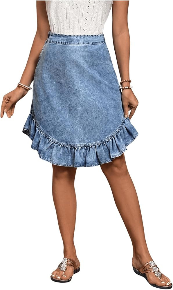 WDIRARA Women's Denim Knee Length Skirts Elastic High Waist Ruffled Hem Skirt | Amazon (US)