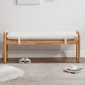 LukeAlon Rustic Linen Entryway Bench, Upholstered Beige End of Bed Bench with Straps Retro Wooden... | Amazon (US)