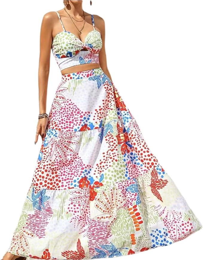 ksotutm Floral Print Two Piece Sets for Women Sleeveless Halter Tops Match A Line Maxi Skirt Summ... | Amazon (US)