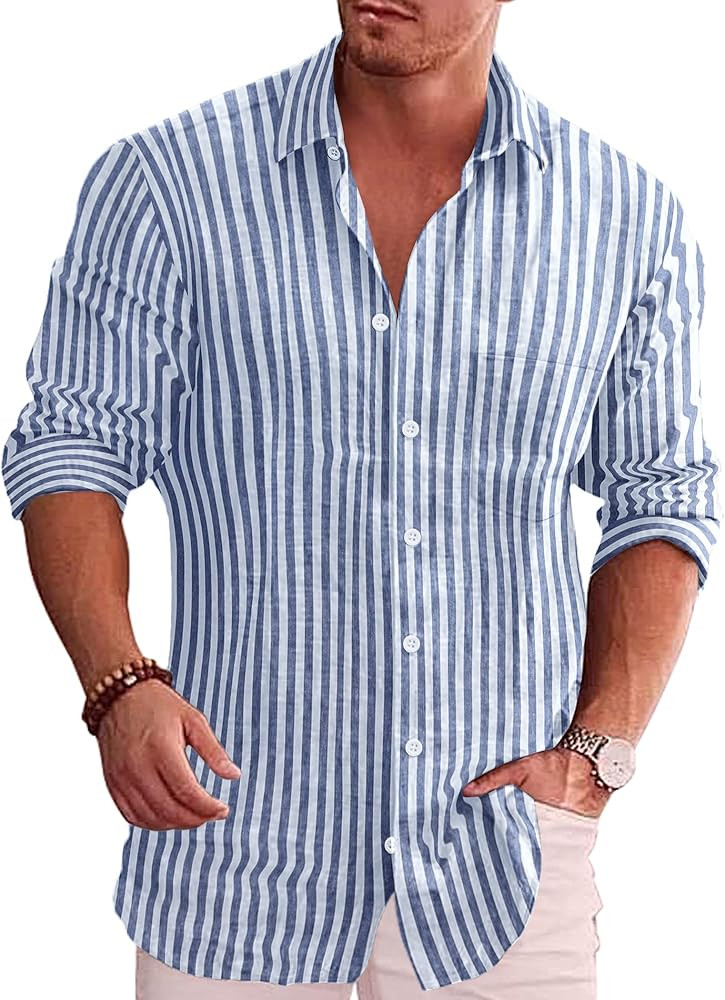 COOFANDY Men's Casual Button Down Shirt Long Sleeve Linen Chambray Shirt | Amazon (US)