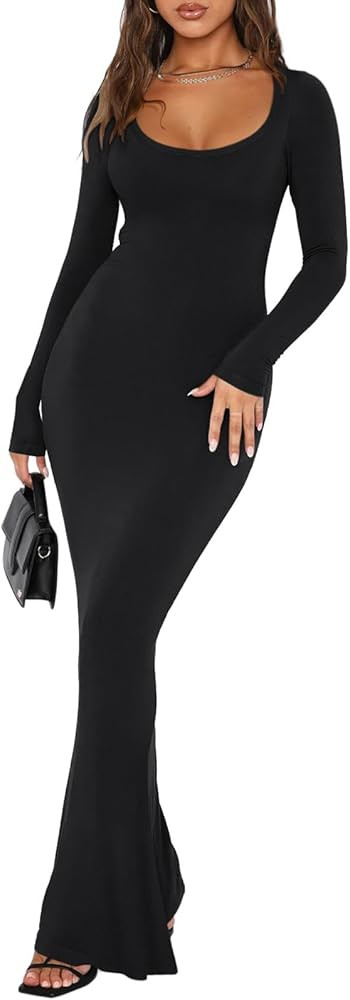 REORIA Womens Sexy Square Neck Long Sleeve Soft Lounge Long Dress Fall Casual Ribbed Bodycon Maxi... | Amazon (US)