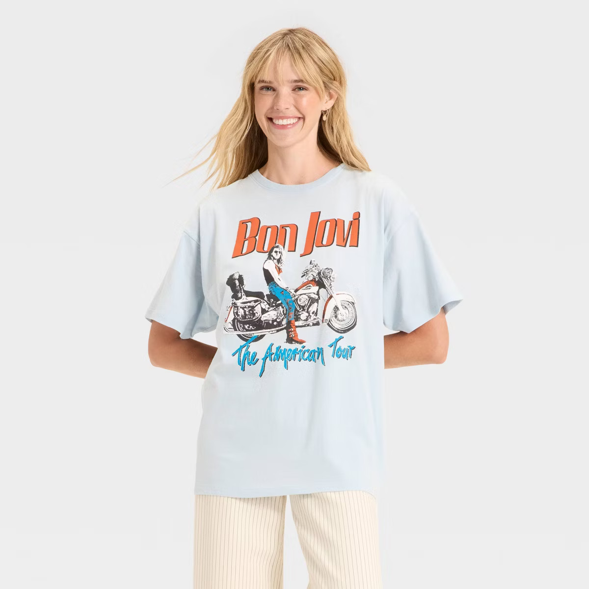 Women's Bon Jovi American Tour Oversized Graphic T-Shirt - Light Blue | Target