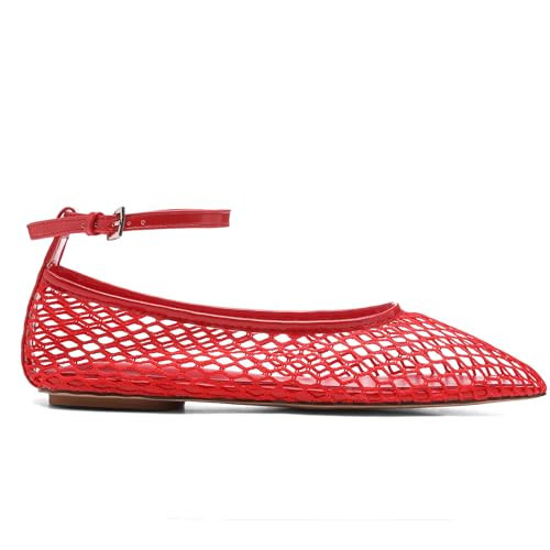 Molozoey Mesh Ankle Strap Flats for Women Round Toe Ballet Flats Shoes,Casual Mary Jane Flats Comfortable Daily Dress Shoes RED | Amazon (US)