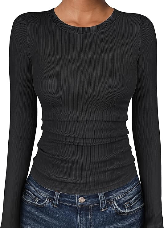 ANRABESS Women's Long Sleeve Shirts Crewneck Ribbed Knitted Slim Fitted Tops Basic Tee 2026 Fall ... | Amazon (US)