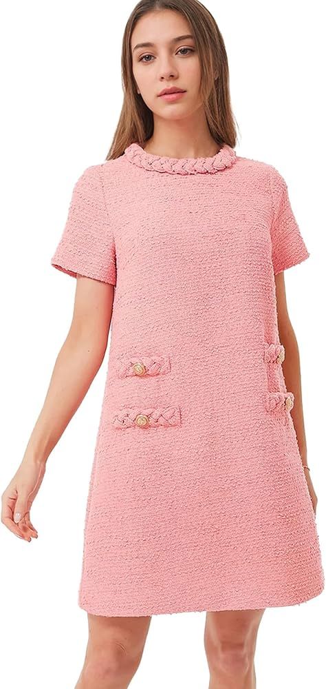 Women's Tweed Dress Short Sleeve Crew Neck A-line Party Vintage Mini Skirt Causal Dresses | Amazon (US)