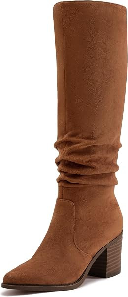 Womens Knee High Chunky Heel Boots Faux Suede Pointed Toe Side Zipper Boots | Amazon (US)