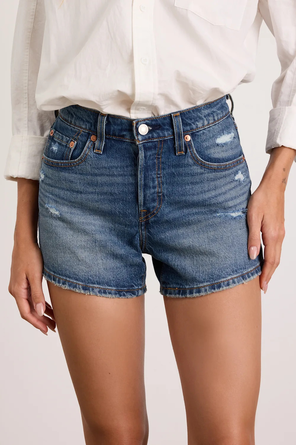 501 Curve Dark Wash Denim Distressed Shorts | Lulus
