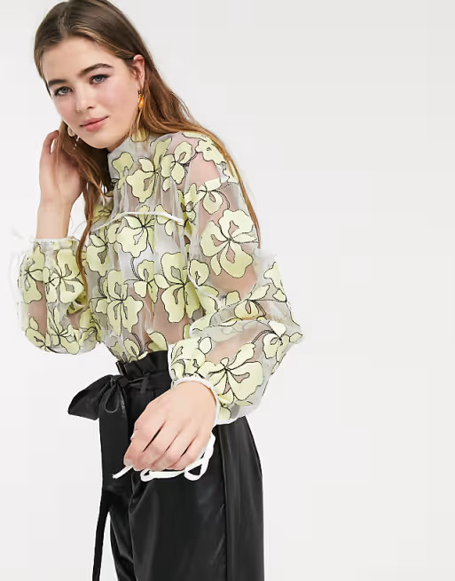 Lost Ink top with tie cuffs and back in floral organza | ASOS (Global)