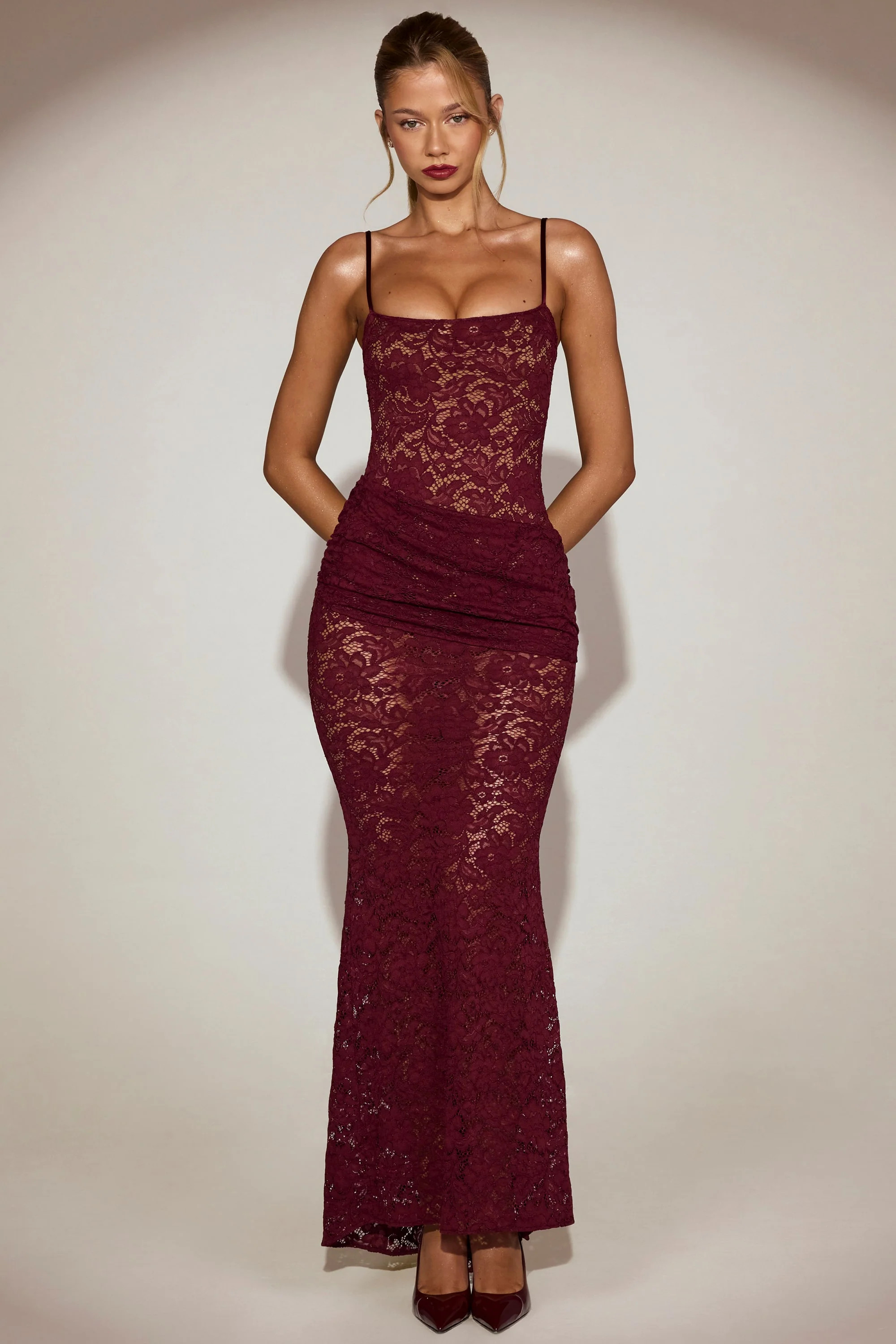 Lace Ruched Gown in Wine Red | Oh Polly